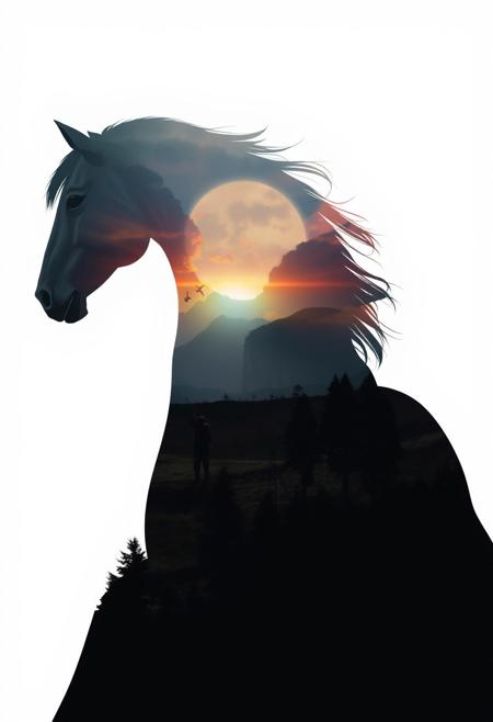 A hauntingly beautiful double exposure of a majestic horse silhouette, rendered in striking monochrome tones, superimposed against a vibrant natural landscape in the background. Sharp contrasts and clear lines define the apocalyptic consequences unfolding behind the equine form, while the crisp focus draws attention to the dramatic scene. Set against a brilliant white background, this high-quality illustration from Skyrn99 boasts impressive detail and resolution.