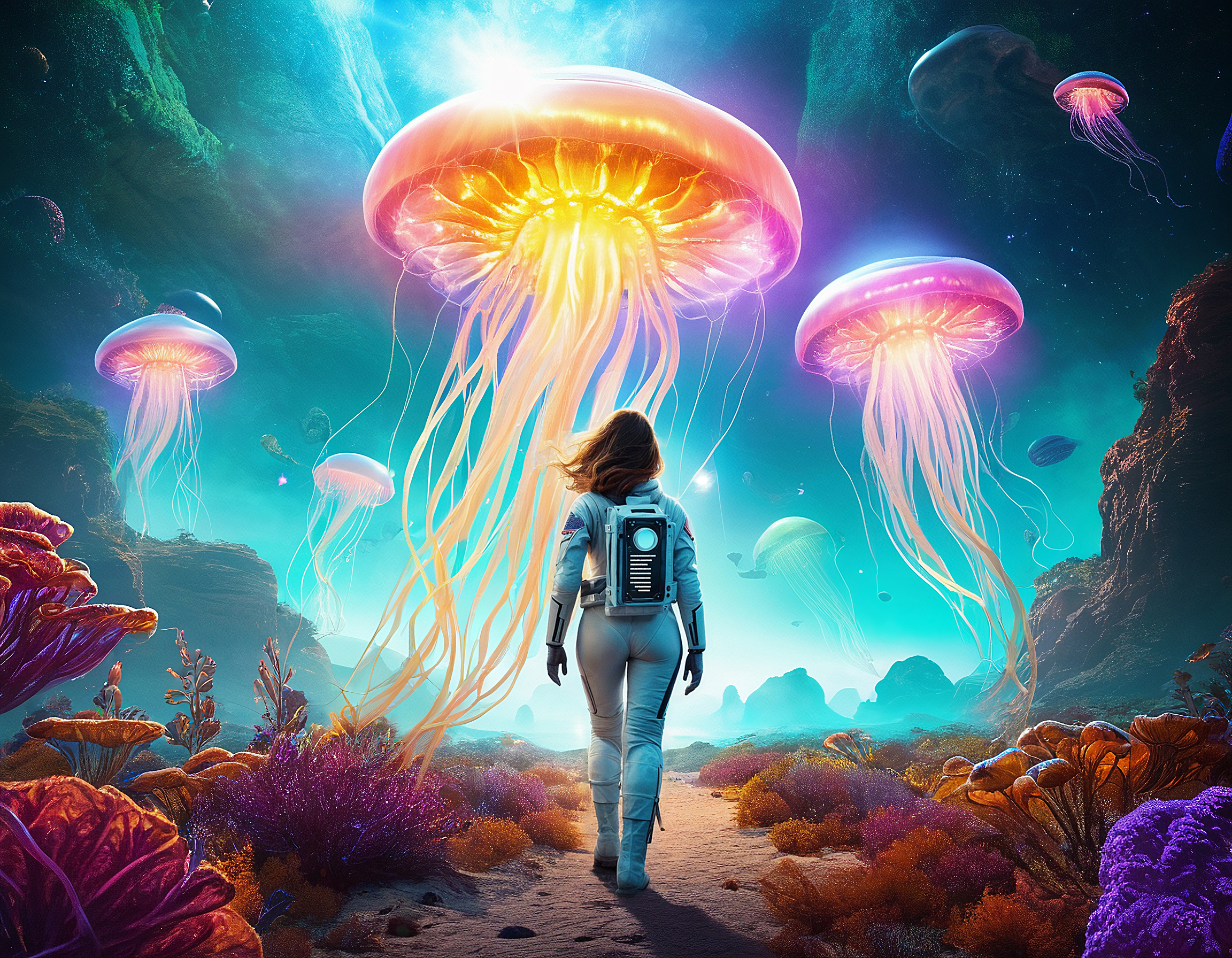 Woman exploring a fantasy world with giant jellyfish and colorful mushrooms.