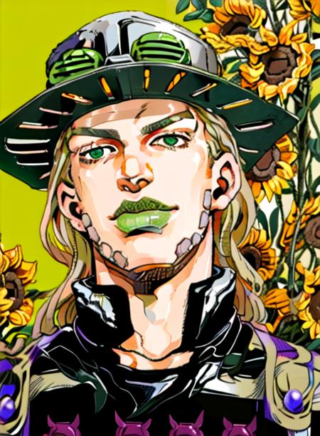 bustshot, gyro_zeppeli, hat, long hair, floral pattern on clothing, detailed face, (masterpiece:1.3), (best quality:1.1), ((1boy)), ((solo)), blonde hair, green eyes, (finely detailed eyes and detailed face:1.3), (beautiful background:1.2), <lora:arakistyle:1> <lora:gyrosbr:0.9>