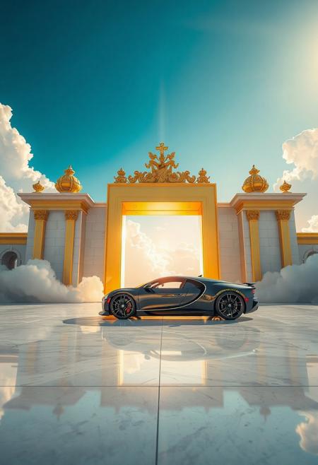 A hyper-realistic ultra luxury car (e.g., Bugatti La Voiture Noire or Rolls-Royce Sweptail) parked on polished white marble road, in front of massive golden gates of heaven, gates glowing with divine light, surrounded by soft white clouds, bright blue sky above, highly detailed reflections, god rays, cinematic lighting, 8K, ultra realistic
