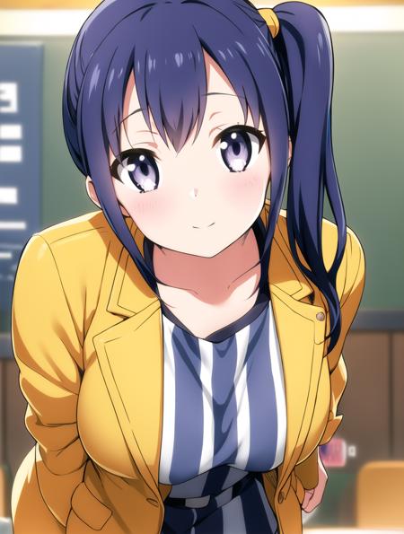 leaning forward, arms behind back, 1girl, imai midori, side ponytail, purple hair, yellow jacket, vertical stripes  <lora:imai_midori:0.8>