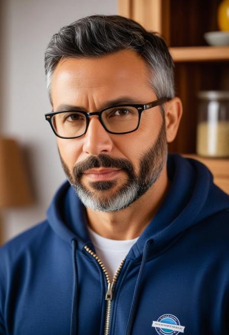 A realistic portrait of a middle-aged man with short black hair, a well-groomed salt-and-pepper beard, and glasses with thin frames. He has a calm, thoughtful expression, looking directly at the camera. He wears a navy blue hoodie with a zipper and subtle lettering, over a white t-shirt that shows slightly at the collar. The setting is indoors, with a softly blurred wooden cabinet in the background, adding warmth to the composition. The lighting is soft and natural, illuminating his face evenly and casting gentle shadows, creating a cozy and relaxed atmosphere. The image is framed to capture him from the chest up, focusing on his facial expression and relaxed posture.