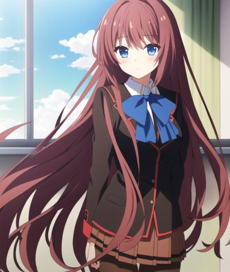 ((masterpiece)),(((best quality))), ((ultra-detailed)), ((illustration)), masterpiece, best quality, highres, {beautiful detailed eyes}, finely detail, 4k wallpaper, beautiful detailed eyes, 
(solo), 1girl, blue eyes, (endlessly growing absurdly long brown hair:1.2), (wearing school uniform, brown jacket, pink neck bow), (standing in a classroom:1.1), sunshine through windows, (shy and blush:1.0), 
<lora:a_chan-06:0.65>