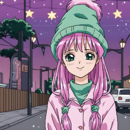 <lora:Furiava_Haakdith:1>,  a car driving down a street at night time with a person in the passenger seat looking at the street lights, 1girl, bag, bangs, blurry, blurry background, blush, bokeh, braid, closed mouth, depth of field, eyebrows visible through hair, gradient hair, green eyes, hat, hat ornament, heart, heterochromia, highres, holding, holding bag, holding heart, long hair, long sleeves, looking at viewer, makinan, multicolored hair, outdoors, pink hair, pink shirt, road, scarf, shirt, side braid, smile, solo, star \(symbol\), star print, street, upper body, violet eyes, virtual youtuber, wide sleeves