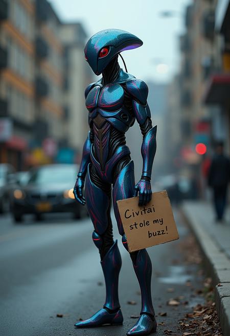 full-length /full-body dynamic photograph of a being with a ((slender, elongated body) with (a glossy, iridescent exoskeleton that shimmers with colors ranging from deep blues to vibrant purples), its (body is highly segmented, resembling the sleek armor of an insect), with (each segment adorned with delicate, intricate patterns reminiscent of circuitry and electrical plasma), 
<<BREAK>>,
((The being is seek on the side of a busy but dark gloomy and dusty innercity road visibly holding (a cardboard sign with a very visible text "Civitai stole my buzz!" printed in legible font) held out to its side (on the cardboard sign that the being is holding to its side only the words "Civitai stole my buzz!" can be seen)),
<<BREAK>> ,
Perfect photograph, strong fisheye-lens photograph (intense fisheye-view photograph), strong bokeh, cinematic photograph, experimental angles, experimental lighting, intricately detailed, very detailed background