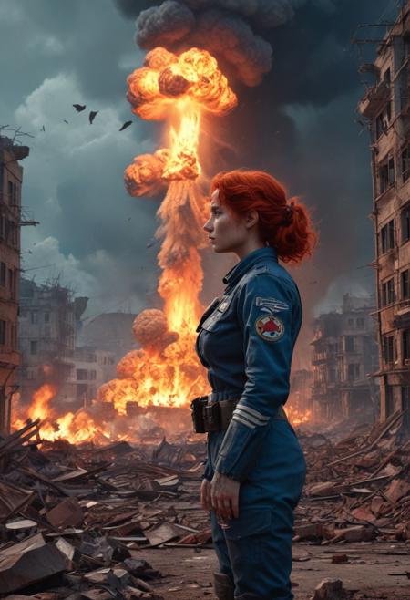 Ultra-realistic Post-apocalyptic Warrior Girl shocked as he watches the nuclear explosion, wavy red hair, Intricately Designed tight combat uniform, Nuclear Attack, thermo-nuclear war, Ultra-realistic of sinister Nuclear war, Mushroom cloud in the background from a ground based nuclear explosion, a fiery pressure wave devastates buildings and there are pieces of ruins everywhere, Chesley Bonestell, The nuclear Apocalypse cinematic James Cameron, Sinisterly detailed, Perfect, high detail, fire and dark color scheme with deep saturation, artstation, cinematic lighting, Photograph Taken on Nikon D750, Intricate, Digital Illustration, Scenic, HyperRealistic, HyperDetailed, Unreal Engine, CryEngine, Octane render, extremely high resolution 8K, Greg Rutkowski, deep color, Cinematic Lighting, intricate, smooth, sharp focus, digital painting, blue and red as complementary colours, Apocalyptic war, light and shadow, three-dimensional lighting, combination of various colors and shades, Digital Illustration, Intricately Designed buildings city, Intricate, Intricate cinematic lighting, Digital Illustration