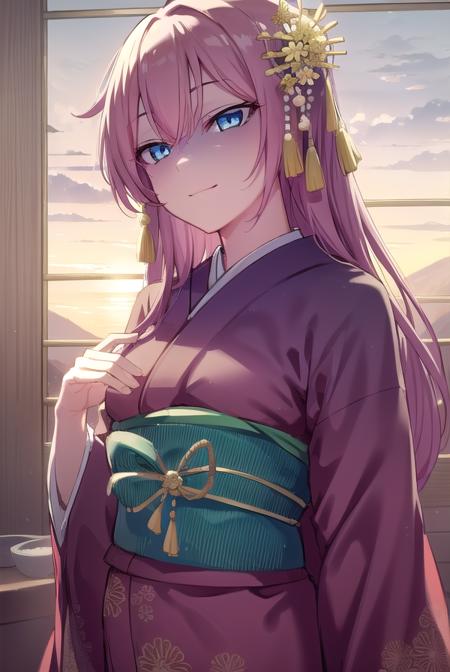 kayo sudou, blue eyes, pink hair, long hair, flower, green sash, hair ornament, japanese clothes, kimono, obi, red kimono, sash,