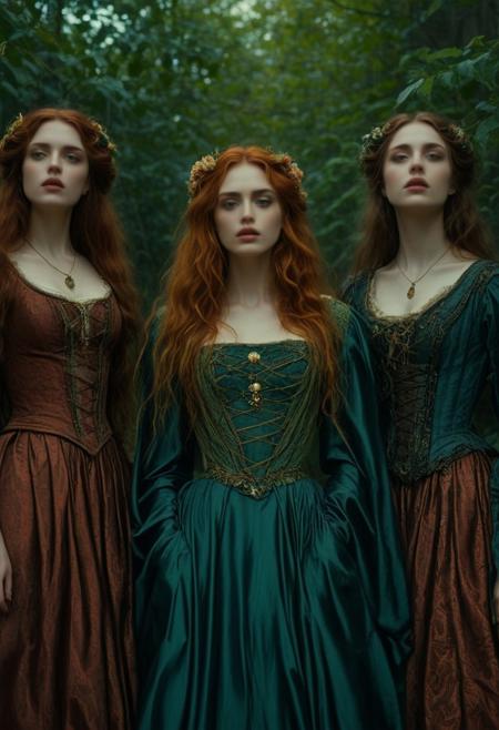 highly cinematic, 3 woman, melancholic and dramatic atmosphere, film scene, wearing absurd clothing, part, inspired by Pre-Raphaelitism