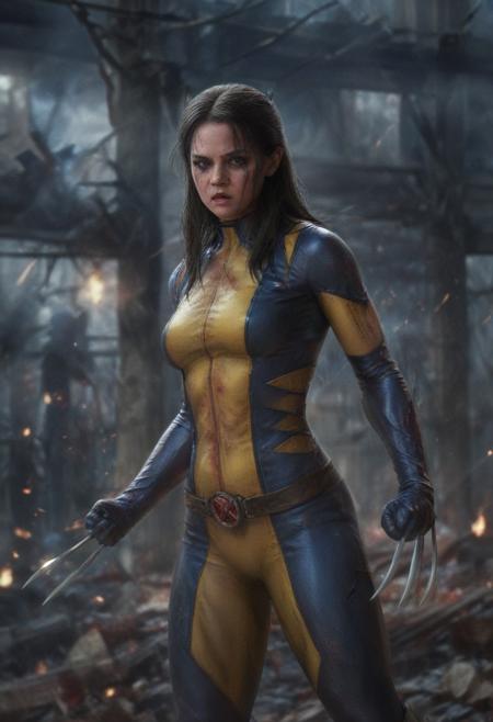 High resolution ultra-realistic of Beautiful Laura Kinney/X-23, cinematic lighting, MCU style, ultra realistic, 8K, fighting stance, X-Men style, standing among the ruins of buildings, Greg Rutkowski, Intricately Designed bloody dirty face, wavy black hair, Realistic beautiful brown eyes, gazing straight ahead, Atrractive 21 years old Dafne Keen as X-23 woman, realistic modern combat X-Men costume, dirty, bloody, beautiful firm Breasts, defiant and seductive, X-Men style, Marvel style, MCU sci-fi style, Superheroine, Standing in the middle of a dark dirty street on the City, sharp focus, digital painting, Photograph Taken on Nikon D750, Alphonse Mucha, 8K, athletic figure, Hyperdetailed, hyperrealism, aesthetics reminiscent of X-Men, Attractive, Attractive bust girl, asymmetric balance