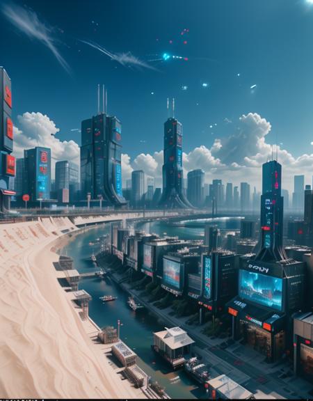 <lora:CW_03_lunis_sdv2:1.0> lunisdst.  This photo captures a stunning futuristic cityscape bathed in daylight, under a clear blue sky with scattered clouds. On the left, a sandy slope borders a sleek highway where modern vehicles travel in neat lanes. Adjacent to it, a monolithic white structureâpossibly a futuristic mall or transport hubâstretches along the ridge.
The scene descends into a bustling city with towering skyscrapers, many adorned with neon signage and digital billboards. A wide river flows through the middle of the city, lined with high-rise buildings and dotted with boats, adding a dynamic layer of urban life. The right side of the image is dominated by ultramodern towers glowing with red and blue lights, evoking a cyberpunk aesthetic. The entire atmosphere is enhanced by faint reflections or holographic overlays, lending a sci-fi, almost extraterrestrial vibe to the landscape. On the side, there is a large portion of almost white shiny sand dunes and with the wind, a part of the sand is covering some of the city and its roads. Some buildings are built in the sand dunes and their glass structure reflect both with the sand and sky. From side.