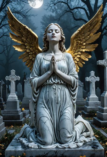 score_9,score_8_up,score_7_up, makeup, Graveyard, Angel Statue, eyes closed, hands clasped in front , foggy, night, full moon,  Liquid Marble, gold wings,