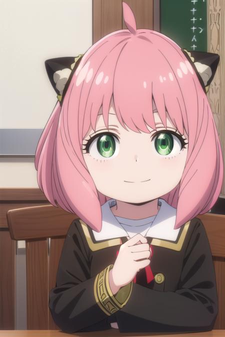 anyaforger, <lora:anya forger s1-lora-nochekaiser:1>,
anya forger, bangs, (green eyes:1.5), pink hair, ahoge, hair ornament, smile, child, female child,
BREAK long sleeves, dress, school uniform, socks, black dress, eden academy school uniform,
BREAK indoors, classroom,
BREAK looking at viewer, (cowboy shot:1.5),
BREAK <lyco:GoodHands-beta2:1>, (masterpiece:1.2), best quality, high resolution, unity 8k wallpaper, (illustration:0.8), (beautiful detailed eyes:1.6), extremely detailed face, perfect lighting, extremely detailed CG, (perfect hands, perfect anatomy),