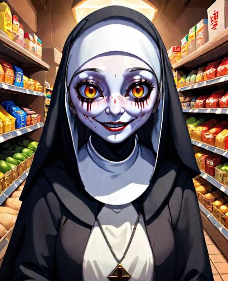 stylized anime artwork, creepy nun, shopping in a grocery store, creepy grin, detailed face, digital acrylic painting, anime studio, masterpiece, subsurface scattering, best quality, detailed background,<lora:SDXL_Creepy_Nun:1.0>