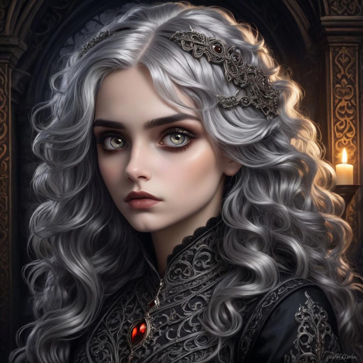 , dramatic sunset, hyperrealistic gothic art style, dark and moody, intricate details, rich colors, dramatic lighting, ornate patterns, medieval inspired, mysterious atmosphere, high contrast, artistic and elegant
wavy hair, silver hair, glowing eyes,