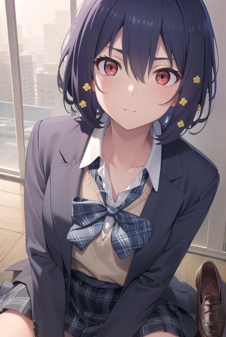 aimizuno, <lyco:aimizuno-lyco-nochekaiser:1>,
ai mizuno, black hair, hair between eyes, (red eyes:1.5), short hair,
BREAK black jacket, black legwear, black neckwear, black skirt, blazer, brown footwear, collared shirt, flower, hair flower, hair ornament, jacket, loafers, long sleeves, miniskirt, open clothes, open jacket, plaid, plaid neckwear, plaid skirt, pleated skirt, school uniform, shirt, shoes, skirt, sweater, white shirt, wing collar, yellow flower, yellow sweater
BREAK looking at viewer, full body,
BREAK indoors, classroom,
BREAK <lyco:GoodHands-beta2:1>, (masterpiece:1.2), best quality, high resolution, unity 8k wallpaper, (illustration:0.8), (beautiful detailed eyes:1.6), extremely detailed face, perfect lighting, extremely detailed CG, (perfect hands, perfect anatomy),