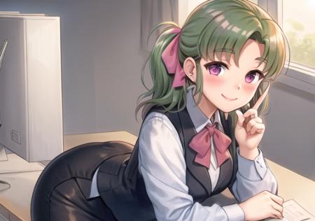 <lora:HatsuenoAlpha-08:0.7> HatsuenoAlpha, 1girl, solo, blush, smile, skirt, bow, ribbon, hair ribbon, vest, index finger raised, pencil skirt, office lady