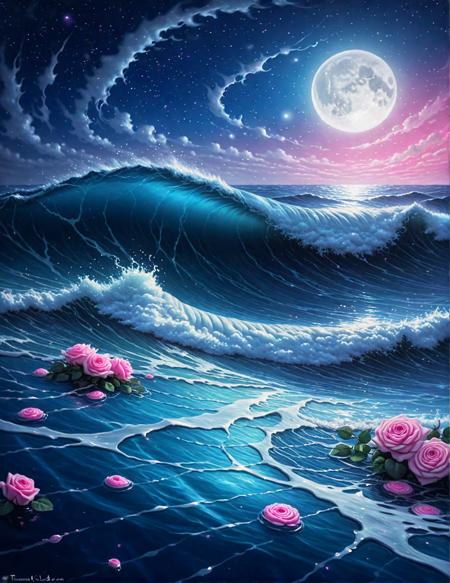 1080x1400, 1080 x 1400; Zeen Chin Hyperrealistic style A beautiful painting of starry sky, layer upon layer of huge waves, deep blue water, pink roses of different sizes, romantic, dreamlike, moonlight, Thomas Kinkade, ultradetailed, illustration, 4k, trends on Artstation, above+super wide angle, Greg Rutkowski, trends on Artstation. All surface textures are highly realistic and varied, even on the same surface, showing the attention to detail of reality, and the painstaking time taken to craft this image. The most compelling work of art ever produced, every intricate detail holding a narrative or philosophical concept that entrances. The entire composition is lauded by the modern masters as truly mesmerizing, the artwork itself considered by some too sacred to even show the common world. The work is dynamic and complicated, with multiple forms of media layered in complex and innovative ways, at times mind-bending in the creative solutions the artist found to produce what is lauded as the only truly creative work ever produced by mankind