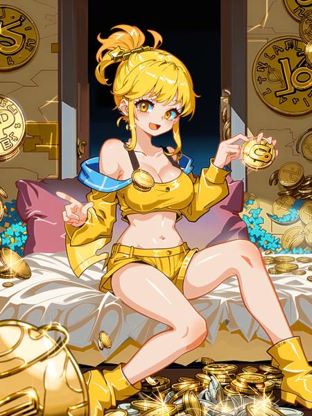 greedy,wealthy,((solo)),(gold coins, treasure, vault, Mammon:1.25),coin girl,money monster,(excited expression),long yellow hair in ponytail,(gold coin hair accessory:1.3),wavy hair,large breasts,
/////,
(sitting in a pile of gold coins:1.2),(holding and throwing up gold coins:1.25),(in a room full of overflowing treasure:1.2),
<lora:Muse_DashV4-000370:1>,