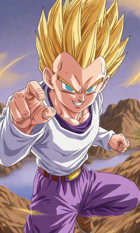 Goten, spiky hair, yellow hair, super saiyan, blue eyes, white long sleeved shirt, purple t shirt underneath, lavender chino pants, light beige golden boots, solo