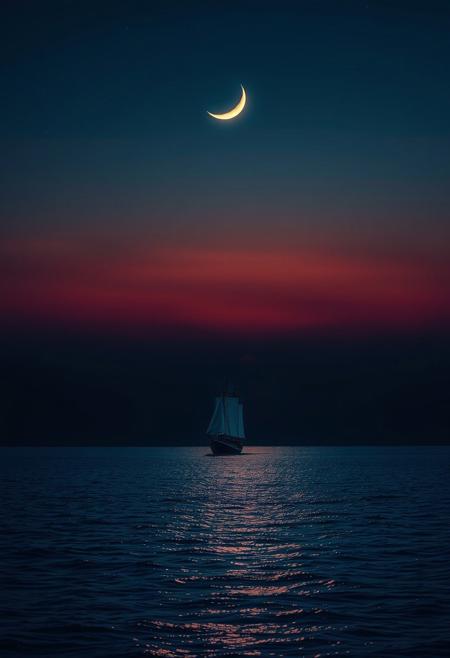 A majestic cinematic shot frames the lone ship gliding across the deep blue ocean, against the breathtaking backdrop of a fiery orange-pink sunset dissolving into inky blackness. The crescent moon casts a soft glow, illuminating the bioluminescent water's shimmer. The vast ocean and celestial sky evoke tranquility, wonder, and awe, while the solitary ship adds mystery and adventure, inviting the viewer to embark on a fantastical journey across the starry sea.