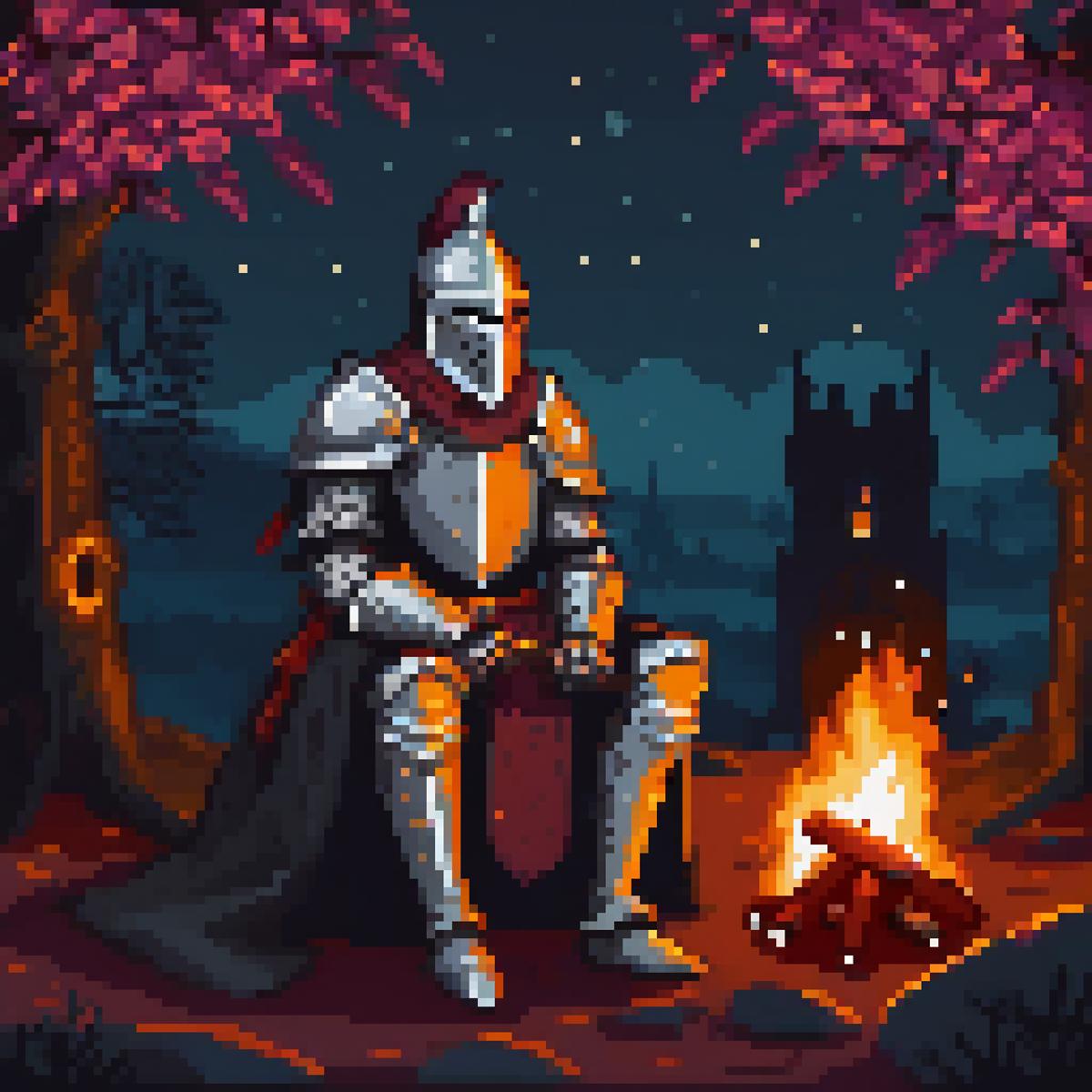 A knight in armor sitting by a campfire at night.