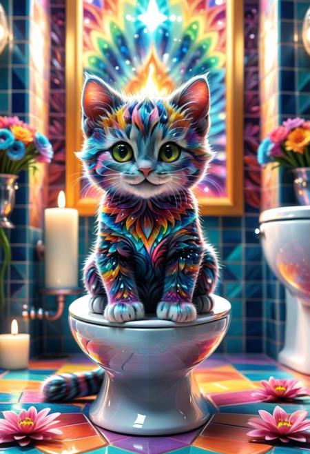 Fractangles, create a ultra detailed artwork of a ultra cute kitten with adorable eyes (sitting on toilet:1.5) in a princess luxury bathroom in pastel hues. Smiling face, very colorful spring flowers, candles, very colorful. Detailed cute Tiles as background, Bokeh, depth_of_field, masterpiece, absurdres, vibrant, dynamic pose, dynamic dramatic angle, warm lightning, very colorful, highly detailed, tack sharp eye focus, looking to viewer, An artistic marvel, merging rich cartoon aesthetics with ultra-HD sharpness and striking 8K depth. Meticulous craftsmanship ensures that every nuance of the motif shines in extraordinary resolution.