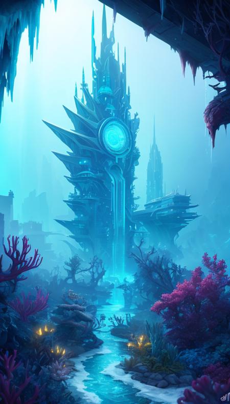 under the water, colorful, underwater city, megapolis, modern city, Hydro City, fantasy, big city under water, hydro, hydropunk, sea, ocean, coral, coral cliff, fishes, fish, wet, watery, water, wet look, soggy, glistening, shiny, reflections, water reflections, very detailed, hyper detailed,  futuristic, reflection, lens glare, epic, cinematic, colorful, best contrast, great contrast, 3d render, top quality, best quality, IMAX quality, high resolution, highres, 4k, 8k, focused, focus, icestyle  <lora:icestyle_model:0.7>