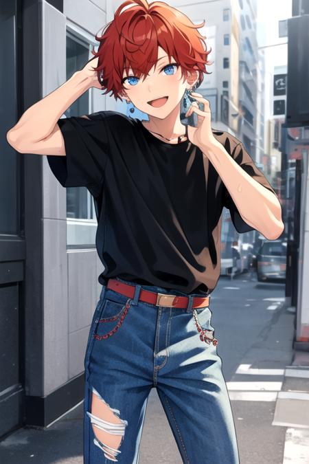 <lora:HiiroAmagi-01:0.7>,hiiro, solo, looking at viewer, smile, short hair, open mouth, blue eyes, shirt, 1boy, jewelry, male focus, red hair, earrings, pants, torn clothes, black shirt, jeans, torn pants