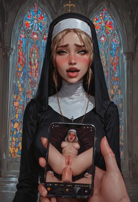 score_9, score_8_up, score_7_up, masterpiece, best quality, expressive, 1girl, phone pov, phone exposure, cute, veil covering, nun,  blush, nervous smile, in a church, 
BREAK POV holding a phone, (big phone screen:1.2) on the (phone screen: 1.4) is the photo of character, ((on the phone screen character: anal sex,, fucked rough, 
, submissive, incredibly slutty, ahegao,  fucked stupid,, nsfw )),