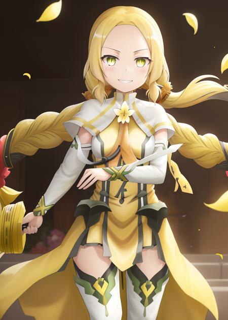 <lora:Inubouzaki_Fuu-10:1>,(Scattering yellow petals, fluttering hair),Inubouzaki_Fuu, 1girl, solo, long hair, looking at viewer, smile, blonde hair, dress, holding, twintails,light green eyes, yellow eyes, weapon, braid, flower, twin braids, capelet, magical girl, yellow dress,broadsword