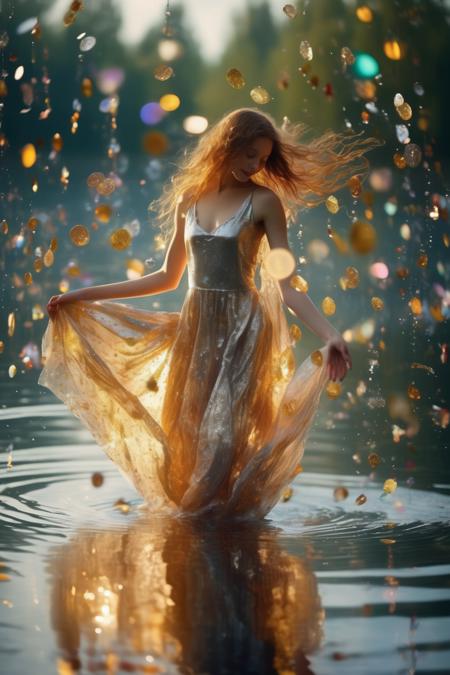 <lora:Elizabeth Gadd Style:1>Elizabeth Gadd Style - the girl dances merrily on the mirror surface of the water, tight wet dress, circles on the water, splashes and lights, her hair develops, her dress dances and develops, gold and silver huge pieces of fabric fly and dance around, Smile, the wind develops the fabric and hair, focus on the eyes, fantasy neon crystals, fabulous colors, bokeh, lots of frontal bokeh