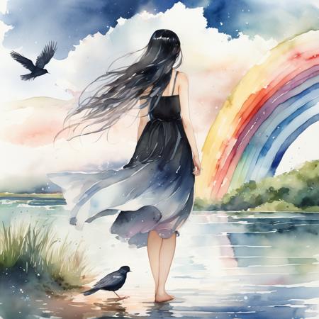 masterpiece, best quality, absurdres, illustration, watercolor, 1girl, solo, long hair, black hair, dress, skirt hold, wading, sleeveless, barefoot, bare shoulders, standing, from behind, outdoors, cloud, sky, bird, water, rainbow,