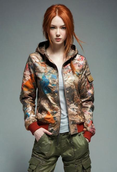 by Yksuke Murata, Karen Gillan
 , female fighter, hoodie jacket, cargo pants,  (unlined, Double Exposure but extremely beautiful:1.4), (intricate details, masterpiece, best quality:1.4) , in the style of nicola samori, Street Fighter style 2D art, Vibrant, dynamic, arcade, 2D fighting game, highly detailed, reminiscent of Street Fighter series,, looking at viewer