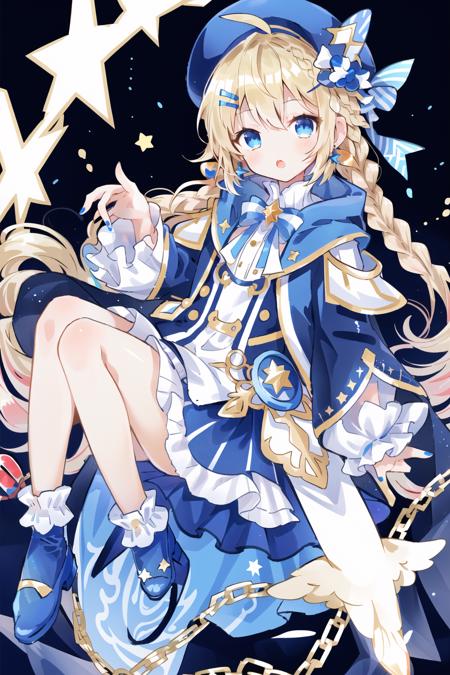 1girl, solo, one eye closed, ahoge, braid, blue eyes, star (symbol), blue nails, boots, full body, bow, animal ears, jewelry, long hair, looking at viewer, nail polish, fur trim, open mouth, multicolored hair, blue headwear, dress, ;o, puffy sleeves, cape, hair bow, hat, bangs, long sleeves, blue bow, hair ornament, blue hair, starry sky print, blue dress, blonde hair, blue cape, chain, very long hair, skirt, x hair ornament, wings, striped, blush, earrings, blue footwear, head wings, :o, constellation print, puffy long sleeves, blue skirt, striped bow, socks, constellation,   <lora:cute style:0.5>