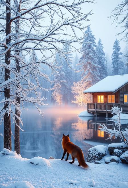 Frozen lake's glassy surface mirrors the frosty trees' delicate rime ice, their branches sparkling like diamonds in soft morning light. Snow-encrusted pines stretch towards the pale blue sky, their limbs etched in crystalline clarity. The wooden cabin's windows warm against the cold, while mist rising from the lake creates an otherworldly haze. A single red fox stands at the edge of the ice, its fur a vivid contrast to the frosty surroundings. Snow-crystals glisten like microscopic jewels on tree branches and surrounding rocks. Hyper-realistic lighting captures the serene atmosphere, inviting exploration of this peaceful winter wonderland.