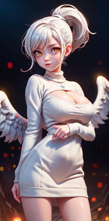 Good,  (Best Illustration),  8k Resolution,  Intricate Details,  Best Quality,  Realistic,  Ultra Detailed,  Best Lighting,  Best Lights,  Ultra HD,  A Magician,  Sunset,  Magic,  White Style,  Angel,  Angel Wings (Glowing White Eyes: 1.6),  masterpiece,  high resolution,  beautiful face,  Tyndall effect,  photo realistic,  (highly detailed skin: 1.2),  8k uhd,  dslr,  high quality,  photography,  high resolution,  4k,  8k,  bokeh,  big breasts,  absurd,  wavy ponytail,  best proportion four fingers and one thumb,  , open chest sweater, <lora:EMS-179-EMS:0.800000>, , <lora:EMS-12197-EMS:0.800000>