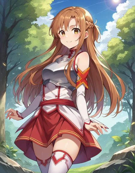 asuna yuuki, long hair, brown hair, brown eyes, skirt, thighhighs, bare shoulders, detached sleeves, armor, white thighhighs, breastplate, red skirt,