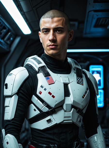 handsome,male,Lebanese,Mexican,buzz cut,27 years old,indoors,desolate spaceship,science fiction,realistic photograph,dynamic pose,cinematic_lighting,night,