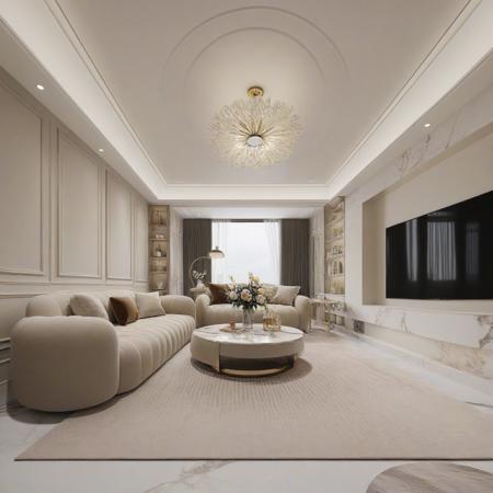 <lora:JJsCreamStyle_XL:1>, ((Cream Style)), ((masterpiece)), ((best quality)), scenery, real world location, realistic, high detailed,, soft lighting,  (indoor) , no human,  window, sofa, ceiling light, carpet,tv, curtain, coach, table, marble, glass, flower,