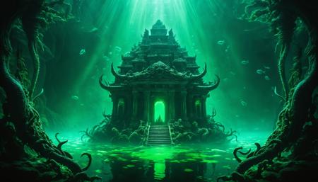 Dreamscape underwater ancient temple, dark atmosphere, toxic green ambient lights, deep sea monster in the shadows . Surreal, ethereal, dreamy, mysterious, fantasy, highly detailed