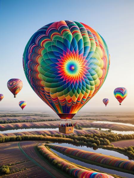 A colorful hot air balloon in the sky, its fabric covered in vibrant ais-spirals, floating over a simple landscape <lora:Colorful_Spirals_SDXL:1>.