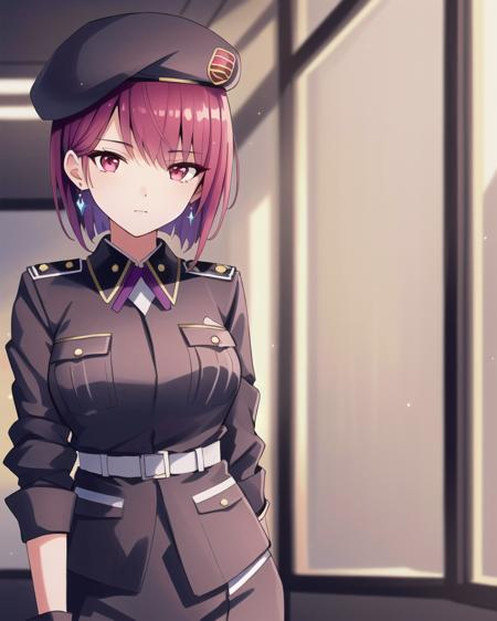 ((masterpiece)),(((best quality))), ((ultra-detailed)), ((illustration)), masterpiece, best quality, highres, {beautiful detailed eyes}, finely detail, 4k wallpaper, beautiful detailed eyes, 
(solo:1.2), (short purple hair, red eyes:1.0), (standing in an office:1.2), (wearing military uniform, uniform, beret:1.1),
<lora:saki-20:0.5>