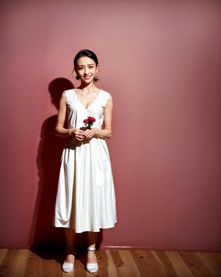 a woman in a white dress standing in front of a tree with flowers on it's branches and a pink background,full body, socks, light smile,