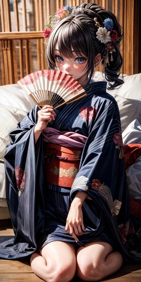 sensu pose,folding fan,1girl,kimono china dress