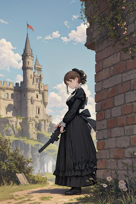 Illustration of a girl in Victorian dress holding a gun, standing near a old castle,