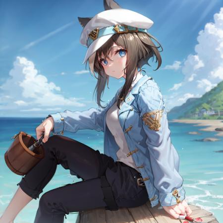 masterpiece, best quality,
cheval grand \(umamusume\),
sitting, on rock, hand on own cheeks, hand up,
fishing rod, holding rod, wooden bucket, from side, looking at viewer,
causal, denim jacket, white shirt, black pants, 
<lora:cheval_grand_loha:0.7>