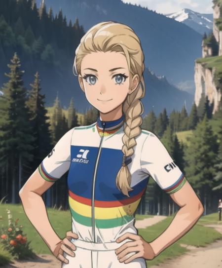 <lora:pauline_ferrand_prevot:1>,pauline_ferrand_prevot, standing, smile, world champion jersey, hands on hips, braid hair, single braid, forest, mountains, upper body