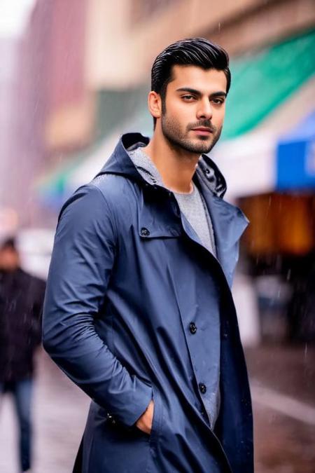 Jimmy Garoppolo a man <lora:Fawad-Khan_Jimmy-Garoppolo:0.8>, wearing a rain coat, crop top, city street, bokeh, homoerotic, rainy day,