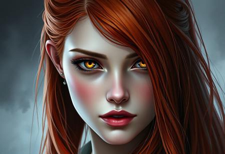 A woman with Red hair and Luminous eyes looks at the camera, Beautiful picture of the character, character portrait, character portrait, 🤤 Charlie Bowater character art, epic portrait illustration, подробныи character portrait, neo-artcore and Charlie Bowater, high quality portrait, fantasy concept art portrait, detailed matte fantasy portrait, charlie bowater art style, Detailed beautiful portrait, fantasy art portrait, dark, chiaroscuro, low-key, oil and watercolor painting
