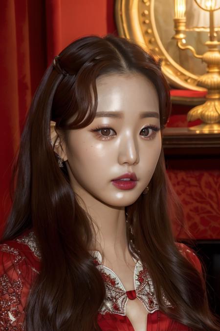 a ivewonyoung, perfect eyes, red dress, window, lamp, (photorealistic:1.2), (standing in castle room:1.1), (close-up photo:1.3), (masterpiece:1.1), (intricate:1.2), (looking at camera:1.2), (dramatic:1.1), (best quality:1.2), <lora:ivewonyoung-v7-hb:1>